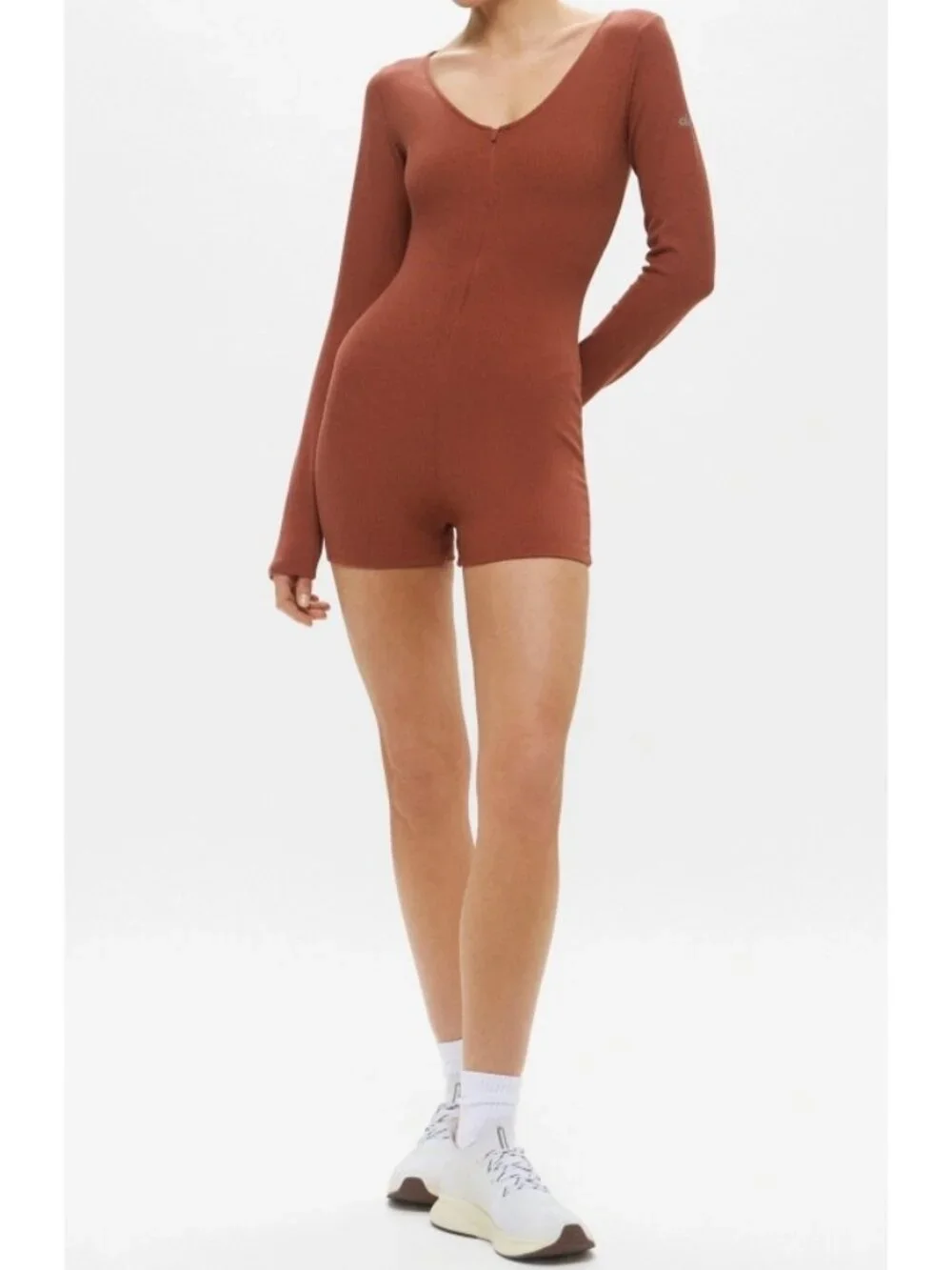 Alo Keep It Sleek Ribbed Onesie Rust Zipper Zip Henley One-Piece Jumpsuit Romper